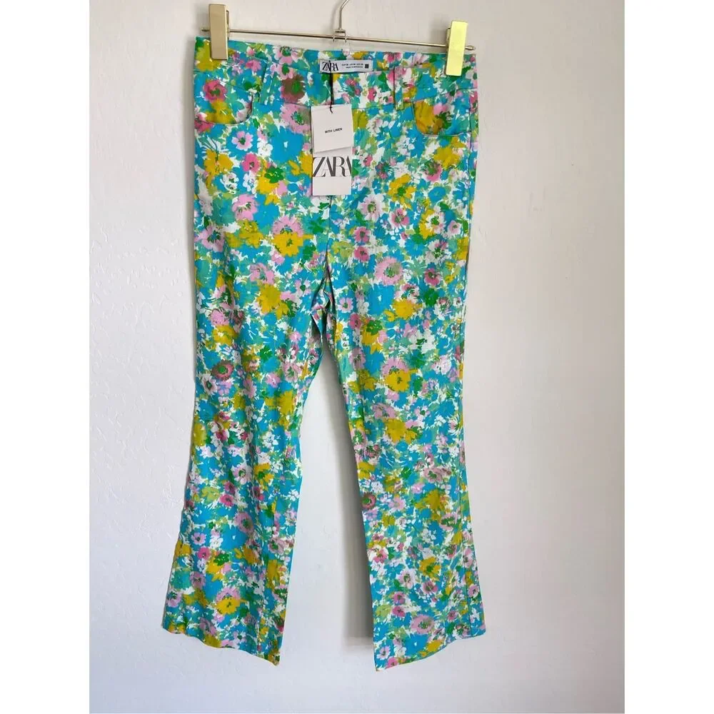 ZARA Floral Linen Pants Size 4 NWT